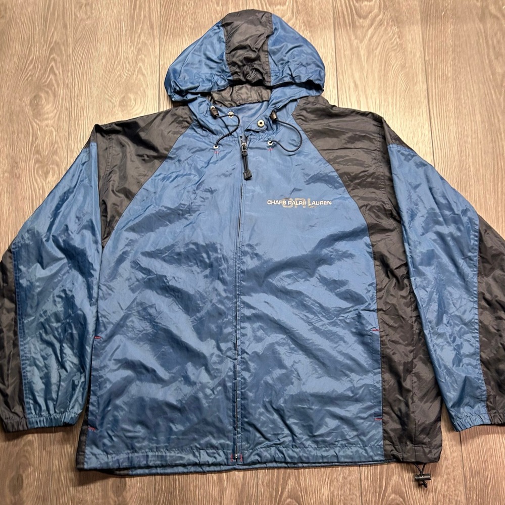 Vintage Chaps Ralph Lauren Large Windbreaker Jacket Blue Black Colorblock Mens